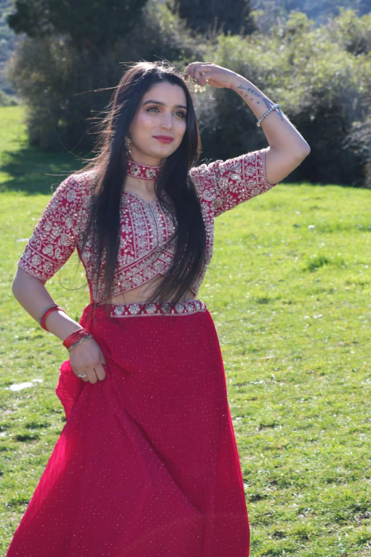 Bold red outdoor event makeup